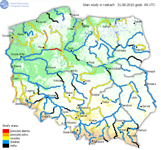 Ocena aktualnej sytuacji hydrologicznej i zagrożenia powodziowego wg stanu na godz. 11:00 dniu 31.08.2010 OPIS SYTUACJI HYDROLOGICZNEJ Z GODZINY 11:00 czasu urzędowego Dorzecze Wisły Stan wody (31.08.2010) w dorzeczu Wisły układa się głównie w strefie wody średniej.