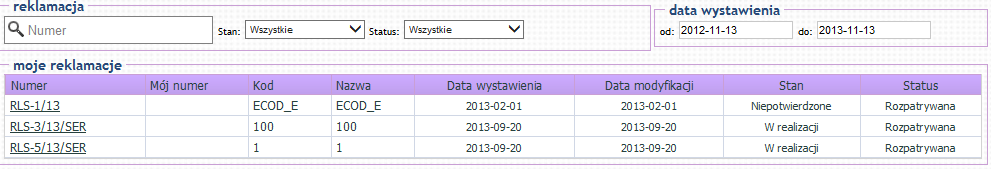 Naciskając na link Lista reklamacji zostanie otwarta lista reklamacji zgłoszonych przez aktualnie zalogowanego kontrahenta (informacje na temat sekcji Lista reklamacji zostały opisane w rozdziale