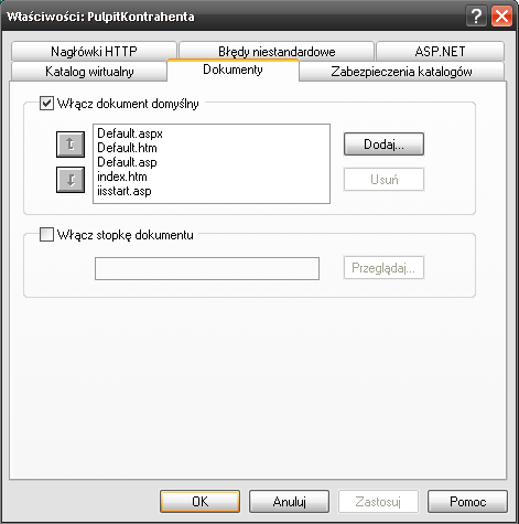 Uwaga: Należy zwrócić uwagę na to, czy w sekcji Włącz dokument domyślny (Właściwości katalogu wirtualnego Pulpitu Kontrahenta, zakładka Dokumenty) został dodany wpis Default.aspx.