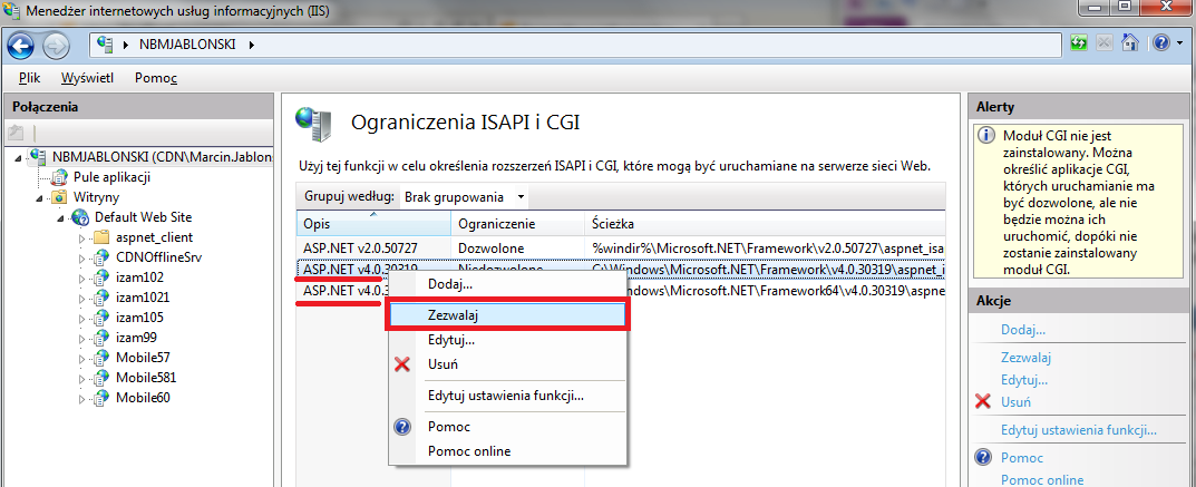 Rysunek 16.5 Internetowe usługi informacyjne, Ograniczenia ISAPI i CGI. Dla wpisów z Framework 4 należy wybrać z menu kontekstowego opcję Zezwalaj. Rysunek 16.