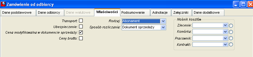 Rys. 4.47 Zakładka 'Własności' w zamówieniach Na zakładce Dane podstawowe jest możliwość wskazania domyślnego magazynu dla pozycji typu towar z możliwością zmiany w pozycji.