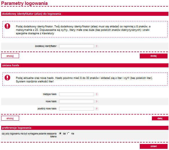 Parametry logowania Strona parametry logowania mieszcząca się w eurobank online zmiana parametrów logowania daje możliwość: ustawienia, zmiany lub usunięcia własnego, dodatkowego identyfikatora