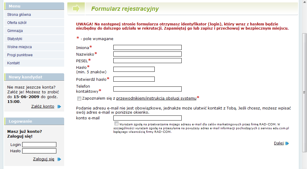 Krok 1/6 Wypełnienie podstawowych danych osobowych UWAGA Wnioskuie