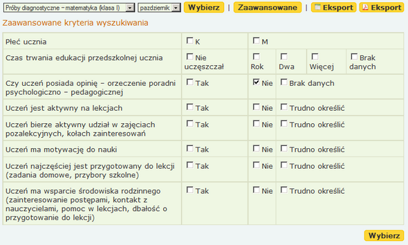 z rozwijanych list zawierających wszystkie próby diagnostyczne (kursy) dostępne na platformie oraz obszary badawcze, należy wybrać te, dla których chcemy wygenerować raport, kliknąć przycisk Wybierz,