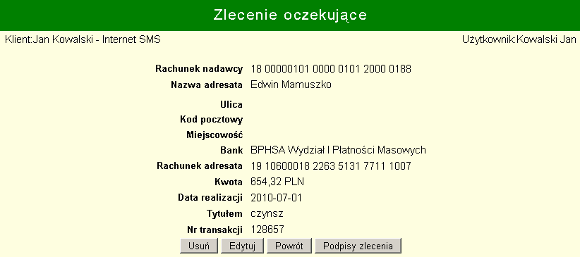 liczby i wartości tych zleceń z tabeli, które zostały zaznaczone. - ponowne wczytanie tabeli zleceń oczekujących.