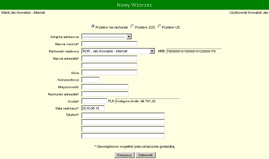 Pola Formularza: Książka adresowa - wybór adresata z listy; zapewnia automatyczne wypełnienie pól z danymi adresata przelewu.