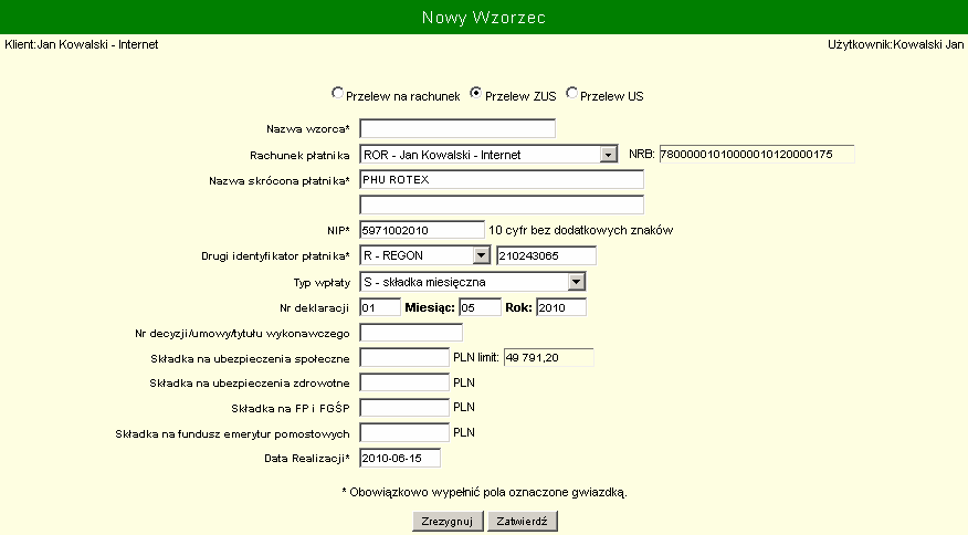 Przelew ZUS Po zaznaczeniu Przelew ZUS jest wyświetlany formularz jak na rysunku poniżej.