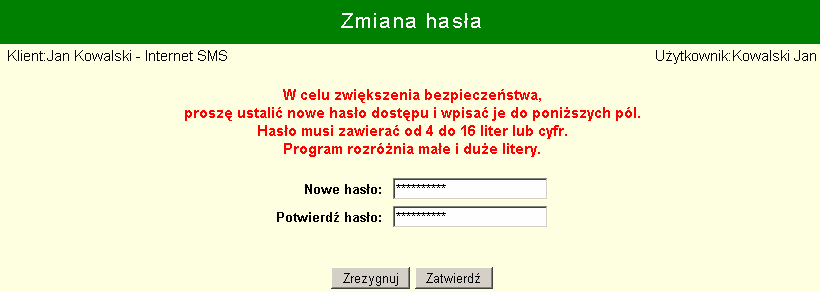 17 Zmiana hasła Zmiany hasła można dokonać w opcji. Po jej wybraniu widok jest jak na rysunku. Zmiana hasła wymaga autoryzacji kodem SMS lub kluczem cyfrowym!