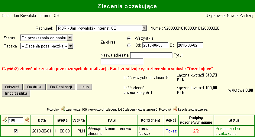 Uwaga. Ustawienia tego parametru mają znaczenie wyłącznie dla klientów korporacyjnych; polecenia przelewów klientów indywidualnych są kierowane do realizacji natychmiast po podpisaniu.