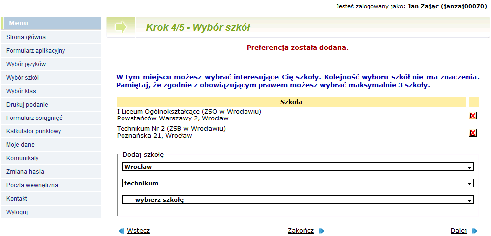 Krok 4/5 Wybór szkół Kolejnym krokiem jest wybór szkół, do których chcesz