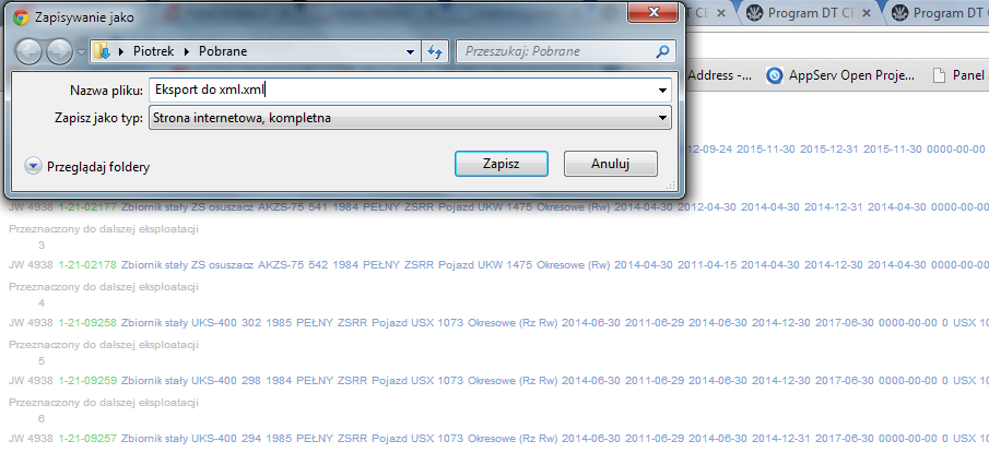 Poprzez wybór ikony wskazanej strzałką Eksport do XML