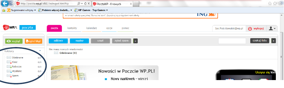 Po zalogowaniu wyświetli się taki ekran Po prawej stronie okna znajdują foldery: Odebrane to miejsce gdzie trafiać będą wszystkie odebrane przez Ciebie maile, Wysłane to maile które wysłałeś, Robocze