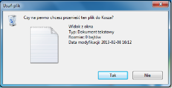 Kliknąć w dokument prawym przyciskiem myszy. Z menu kontekstowego wybrać polecenie Usuń. Program wymaga potwierdzenia tej operacji. Po potwierdzeniu dokument trafi do kosza.