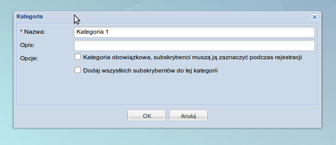 Wybranie pola Kategoria obowiązkowa spowoduje, że subskrybenci będą obowiązkowo musieli zapisać się do tej kategorii.