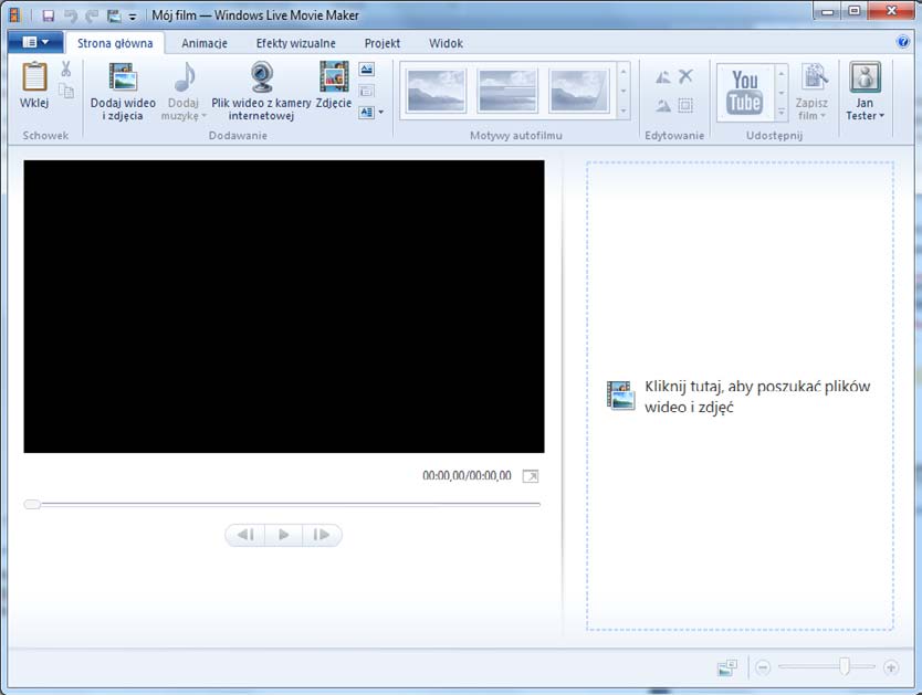 10 Wimmer Windows Live Movie Maker 2011: Pierwszy projekt Rysunek 6 - Interfejs programu Uwaga: wstążki narzędziowe w programach Microsoftu, w tym i w Movie Makerze, wyglądają nieco odmiennie