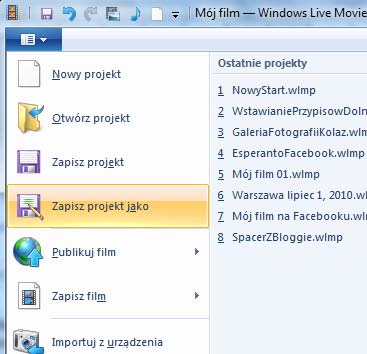 12 Wimmer Windows Live Movie Maker 2011: Pierwszy projekt Rozwio menu programu i zapisz od razu projekt na dysku, aby przypadkowa awaria nie spowodowała utraty pracy.
