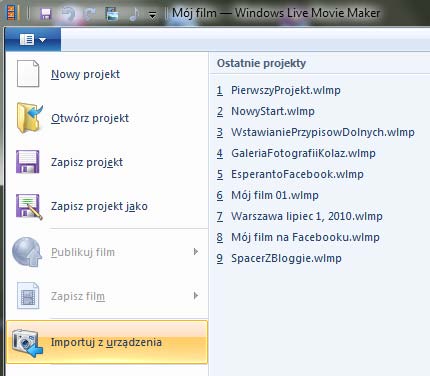19 Wimmer Windows Live Movie Maker 2011: Gromadzenie materiału Rozdział 3. GROMADZENIE MATERIAŁU Podstawowym surowcem będą tworzone przez nas filmy wideo.