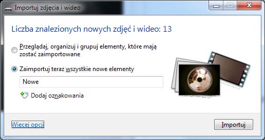 21 Wimmer Windows Live Movie Maker 2011: Gromadzenie materiału Rysunek 24 - Pobieranie z uprzednim sprawdzeniem Druga opcja to import nowych elementów może tu podad nazwę folderu, do