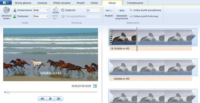 28 Wimmer Windows Live Movie Maker 2011: Wybieranie materiału do filmu Rysunek 36 - Nagranie z kamery internetowej wstawione do Movie Makera CIĘCIE MATERIAŁU Cięcie materiału jest konieczne, gdy nie