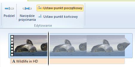 31 Wimmer Windows Live Movie Maker 2011: Wybieranie materiału do filmu Ustaw kursor w miejscu na drugim slajdzie, gdzie kooczy się fragment, który chcemy usunąd. Kliknij przycisk Podziel.