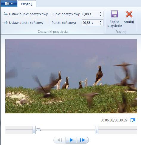 32 Wimmer Windows Live Movie Maker 2011: Wybieranie materiału do filmu Ustaw kursor w miejscu, gdzie kooczy się fragment, który chcesz pozostawid.