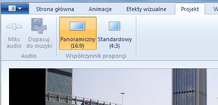 35 Wimmer Windows Live Movie Maker 2011: Wybieranie materiału do filmu WSPÓŁCZYNNIK PROPORCJI Gdy klikniesz wstążkę Projekt, zobaczysz, że masz do dyspozycji dwa współczynniki proporcji tworzonego