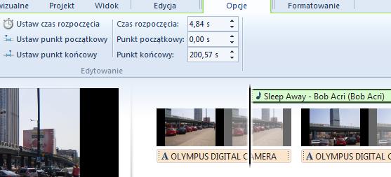 37 Wimmer Windows Live Movie Maker 2011: Muzyka i efekty dźwiękowe dwukrotne kliknięcie ścieżki dźwiękowej wywoła wstążkę z narzędziami do opracowania pliku muzycznego.