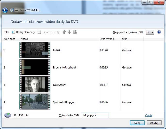 65 Wimmer Windows Live Movie Maker 2011: Zapisywanie filmu Rysunek 93 - Film przesłany do Windows DVD Maker Aby włączyd kolejne materiały do projektu płyty: Kliknij przycisk Dodaj elementy.