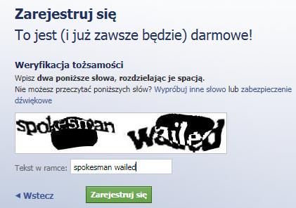 Jeśli nie możesz odczytad słów, kliknij Wypróbuj inne słowo. Rysunek 110 - Rejestrowanie w Facebooku (2) Kliknij Zarejestruj się.