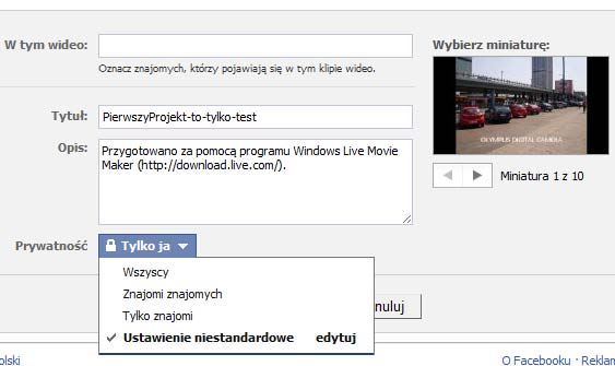 79 Wimmer Windows Live Movie Maker 2011: Serwisy społecznościowe Rysunek 119 - Film umieszczony w Facebooku W ustawieniach filmu możesz określid, kto ma uprawnienia do oglądania filmu od wszystkich,