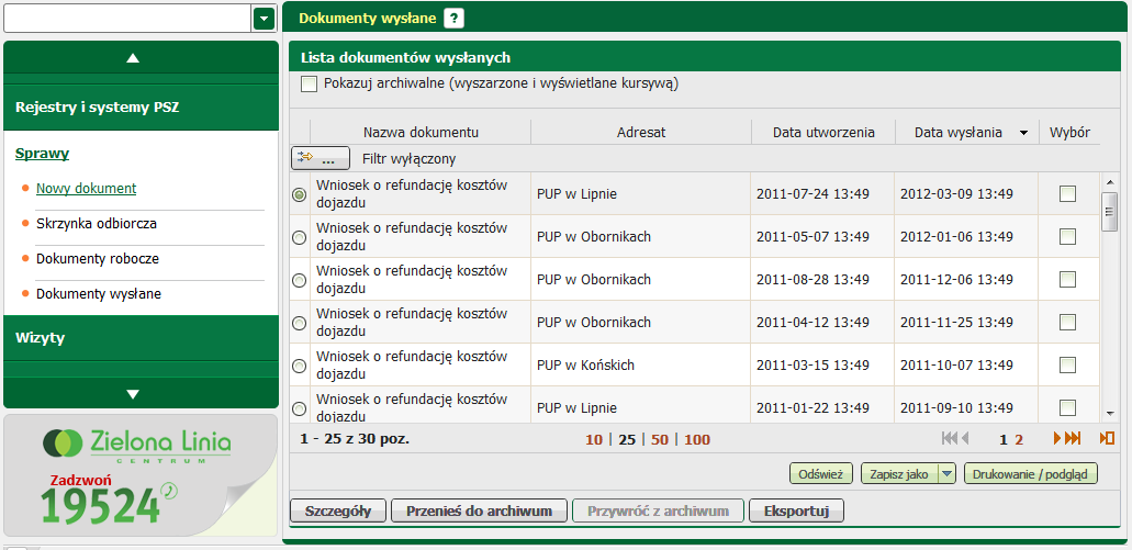 5.4 Sprawy Dokumenty wysłane Ta opcja służy do przeglądania dokumentów wysłanych do PUP.