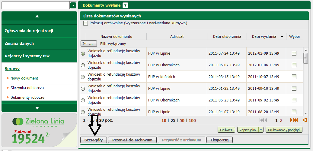 Sprawy do wyboru są trzy opcje: - formularz, - strona WWW (HTML), - PDF - użytkownik może również powrócić do poprzedniego menu korzystając z przycisku <Anuluj>.