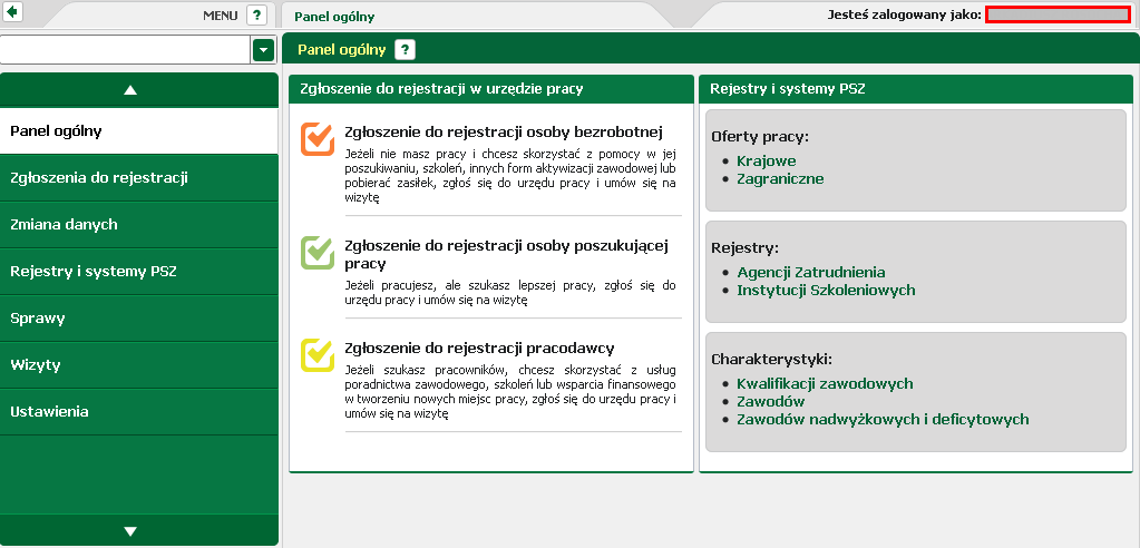 Rejestracja beneficjentów Po kliknięciu w pozycję "Zgłoszenia do rejestracji" użytkownik zostaje przeniesiony do wyboru rodzaju rejestracji. 3.1.