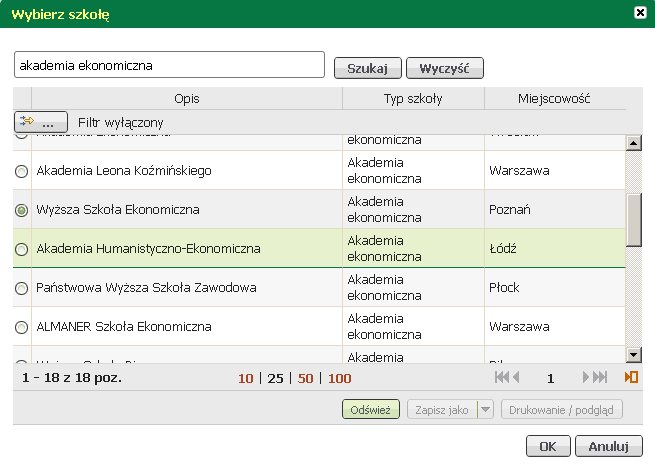 Rejestracja beneficjentów przycisk <Wybierz> w sekcji "Ukończona szkoła" i odszukać szkołę.
