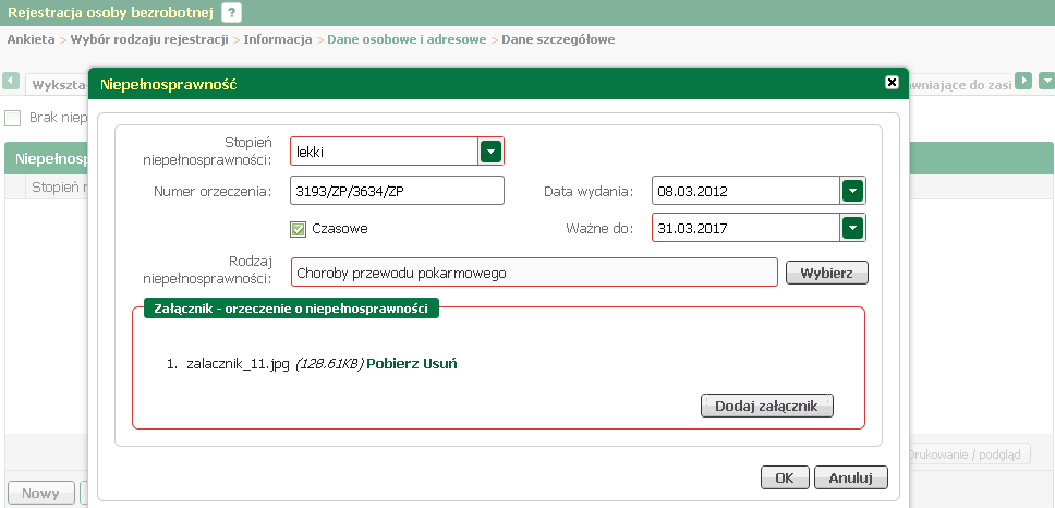 Rejestracja beneficjentów W tym oknie możliwy jest podgląd, edycja, oraz dodanie i usunięcie wprowadzonej niepełnosprawności, odpowiednio przyciski <Podgląd>, <Edytuj>, <Nowy>, oraz <Usuń>.