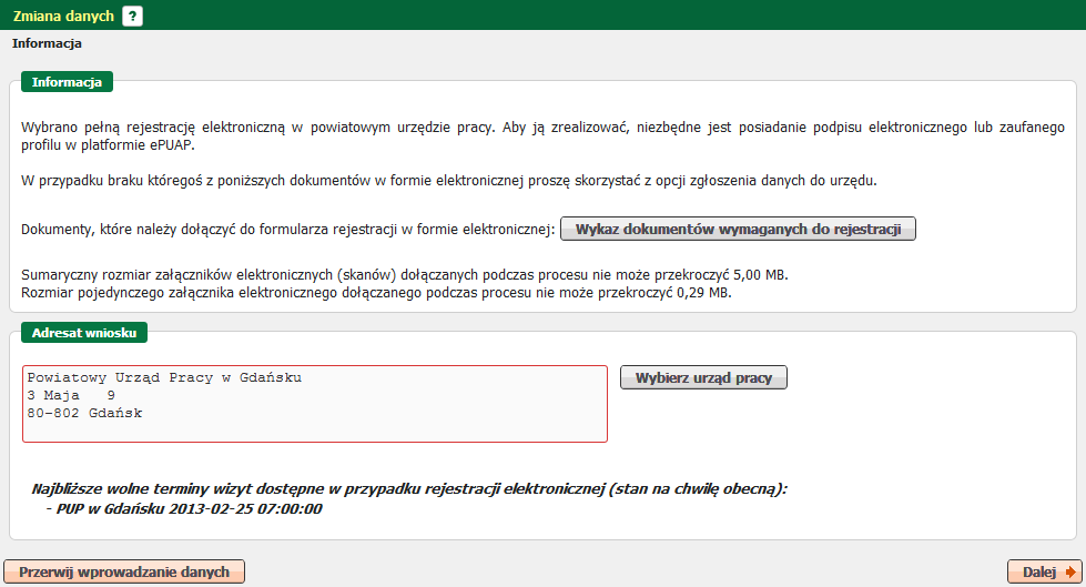 Rejestracja beneficjentów Po uruchomieniu kreatora należy wskazać urząd <Wybierz urząd pracy>, do którego przesłano pierwotny dokument.