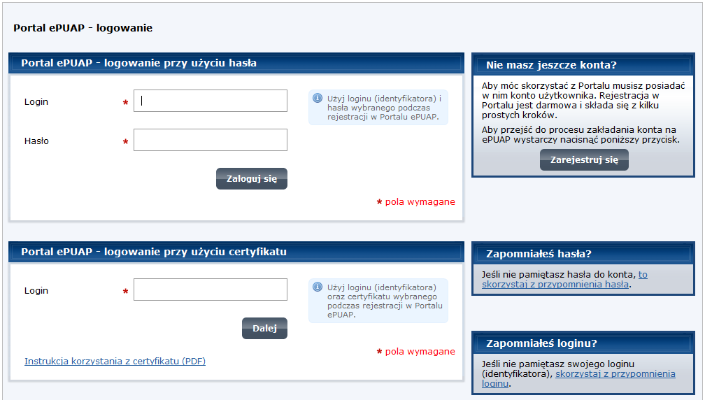 Sprawy użytkownik zostaje przekierowany na platformę epuap, gdzie należy się poprawnie zalogować następnie postępować zgodnie z instrukcjami podpisując dokument