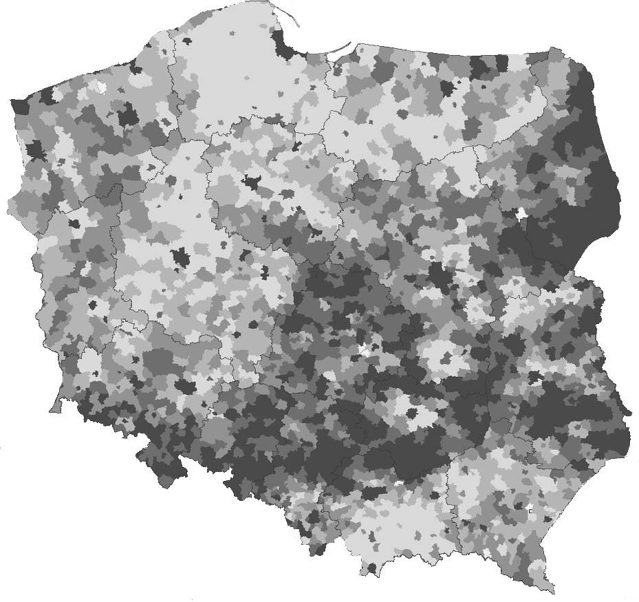 lata/years Ryc. 4. Przeciętny wiek mieszkańców Polski w 2011 r. Fig. 4. Average age of Polish residents in 2011.