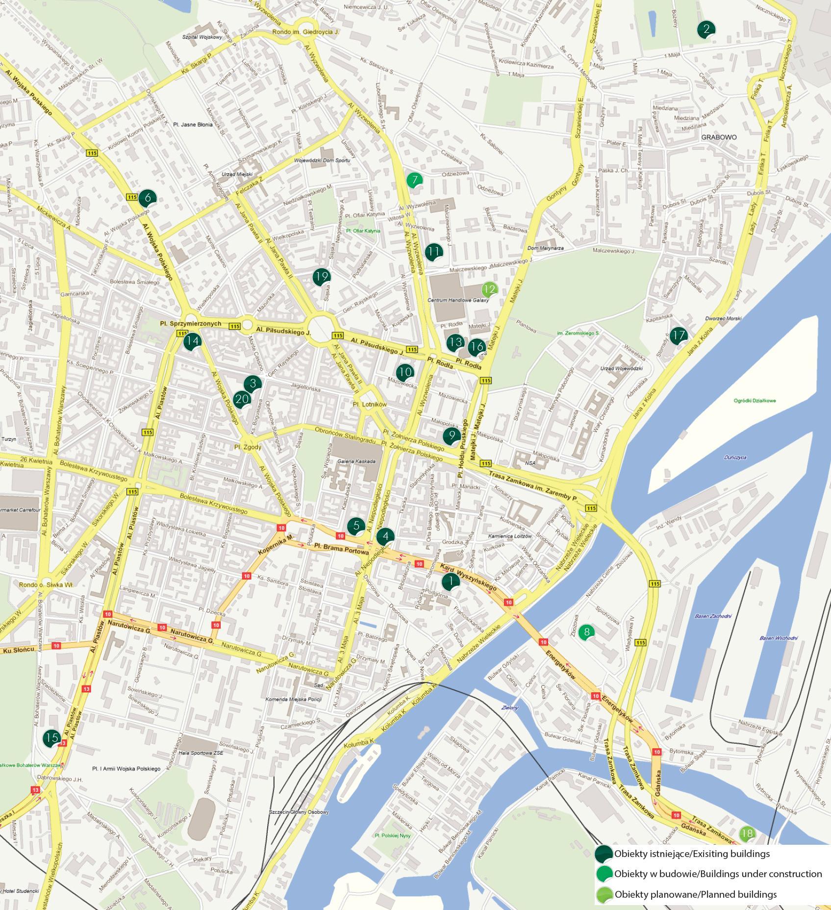 I 14 Pentagon 5 Brama Portowa II 15 Piastów Office Park 6 Buchalter 16 Pomeranus (ZUS i PKO BP) 7 Hanza Tower (w budowie) 17 Storrady Park