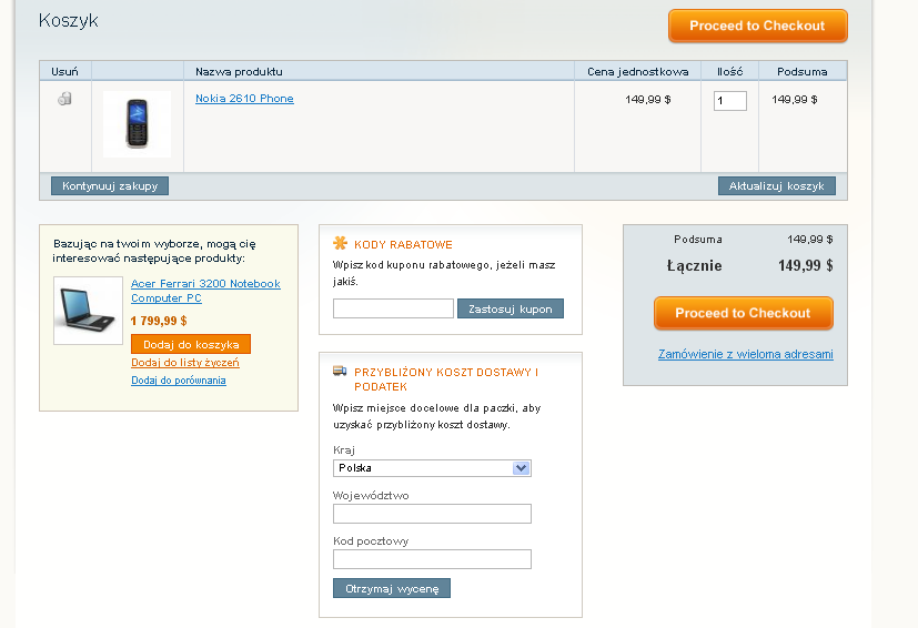 KODY RABATOWE (rys. 4.3), aby zniżka była brana pod uwagę podczas zliczania należności. Rys. 4.3 Widok koszyka. Kiedy klient po podaniu kodu rabatowego wciśnie przycisk Zastosuj kupon (rys. 4.3), kupon zostanie dodany do koszyka i pojawi się w podsumowaniu zamówienia.