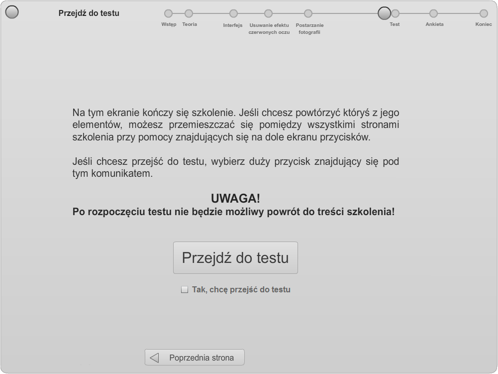 Kliknięcie w przycisk Rozpocznij powoduje przydzielenie unikalnego ID, opartego o bieżący czas serwera, pobranie adresu IP badanego oraz wylosowanie wersji szkolenia i przejście do pierwszego ekranu