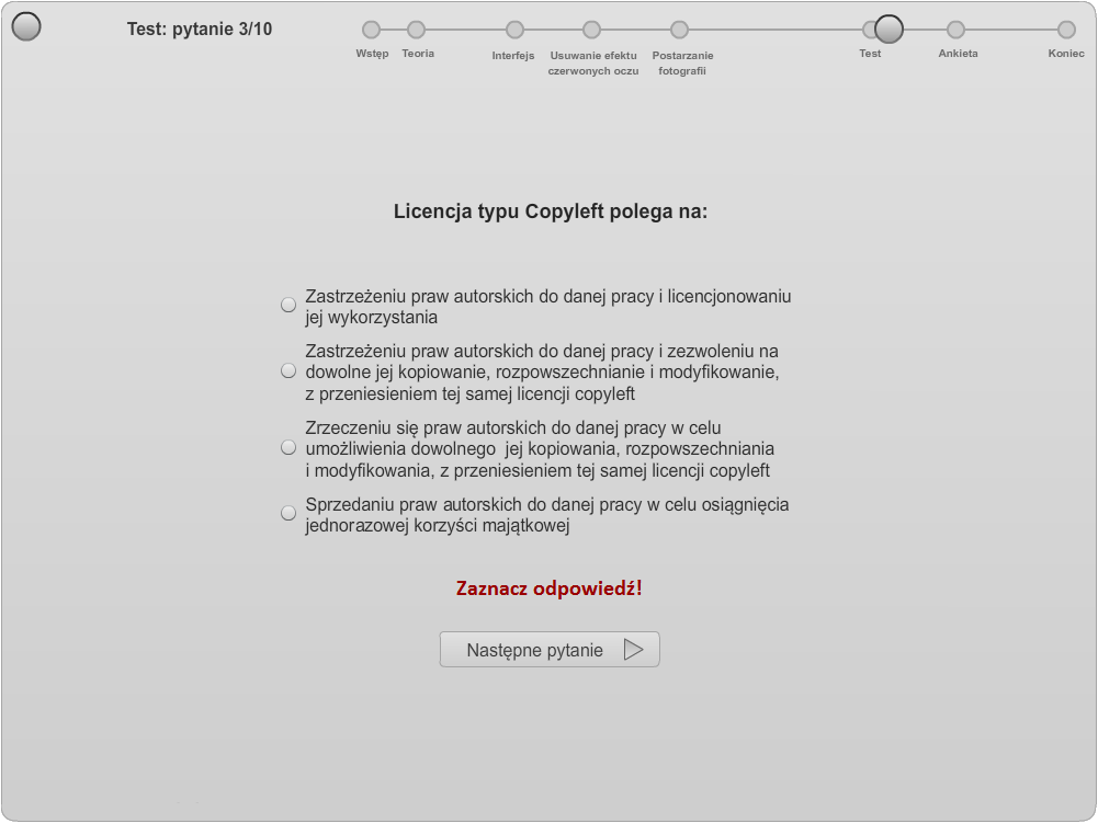 i przejścia do testu przy braku możliwości powrotu do treści szkolenia, zapobiega to przypadkowemu rozpoczęciu testu.