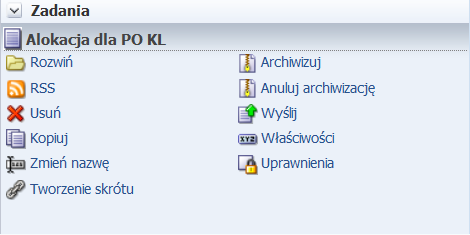 Nowy wyświetla listę obiektów, które użytkownik może utworzyd, Otwórz wyświetla okno obiektów, które użytkownik może otworzyd, Zalogowany jako wyświetla nazwę aktualnie zalogowanego użytkownika,