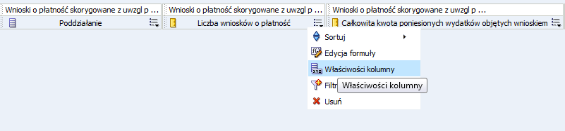 1. Kliknąd przycisk listy rozwijanej i wybrad Właściwości kolumny. Rysunek 23Właściwości kolumny 2. W oknie Właściwości kolumny na zakładce Format kolumny zaznaczyd checkbox Nagłówki niestandardowe.