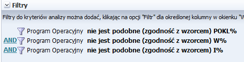 Rysunek 49 Okno Proszę wybrad kolumnę 3. W oknie Nowy filtr z listy rozwijanej pola Operator wybrad nie jest podobne (zgodnośd z wzorcem) w polu Wartośd wpisad POKL%. 4. Powtórzy czynnośd dodając kolejne filtry dla kolumny Program Operacyjny <Kod>.