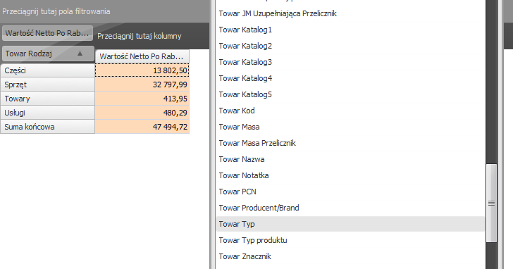 ekran podobny do pokazanego niżej. W rapocie widać filtr daty oraz cztery obszary: - obszar filtrów, - obszar kolumn, - obszar wierszy, - obszar danych.