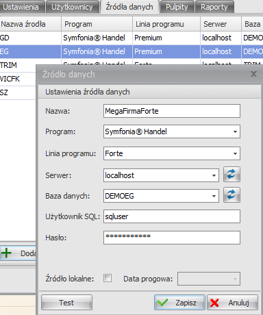 Dla programów Forte wskazujemy program (Finanse lub Handel), adres lub nazwę serwera SQL, oraz bazę danych. W celu poprawnej pracy login SQL musi mieć prawo do odczytu danych z bazy (datareader).