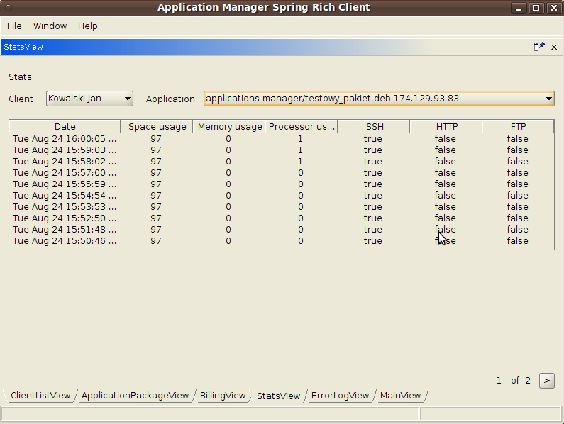 przejść do zakładki StatsView, wybrać klienta oraz aplikację (aplikacja jest identyfikowana poprzez adres IP instancji i nazwę paczki instalacyjnej).