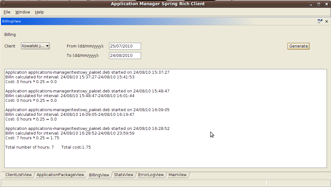 5.8 Tworzenie zestawienia kosztów działania aplikacji danego klienta za wybrany okres czasu Dla klientów możliwe było tworzenie zestawień.