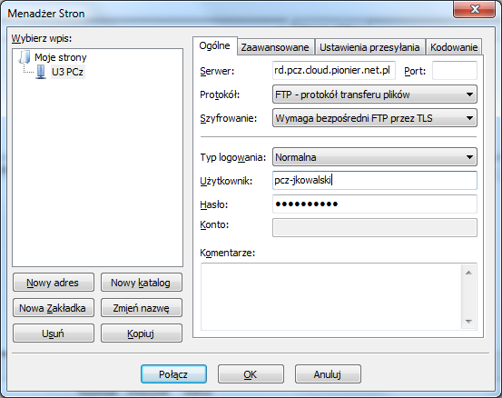 Połączenie FTPS do katalogu domowego Adres serwera: rd.[prefix].cloud.pionier.net.